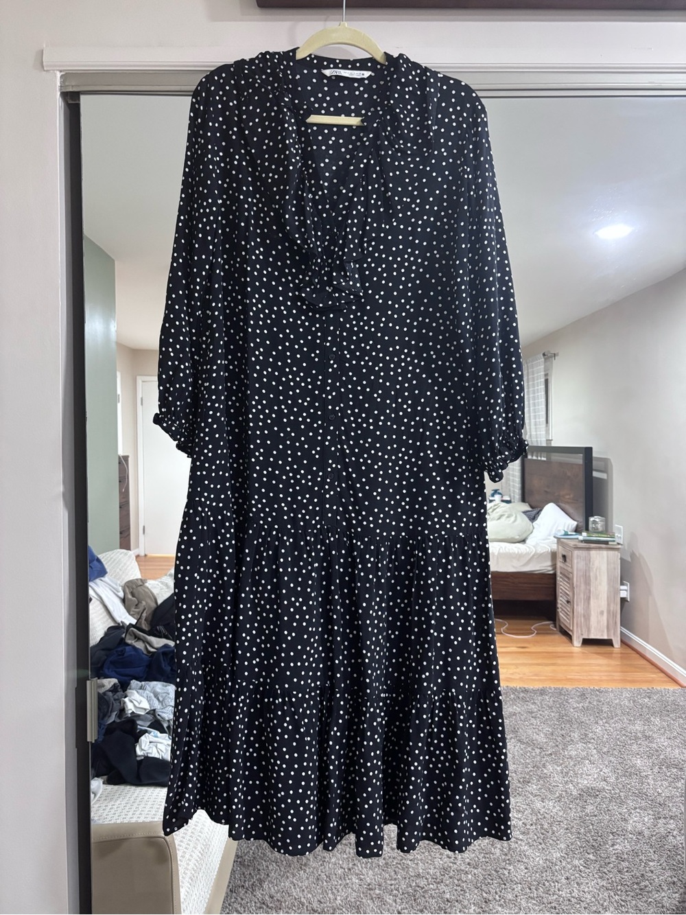 Zara Black Polka Dot Midi Dress - Casual Ruffle V-Neck